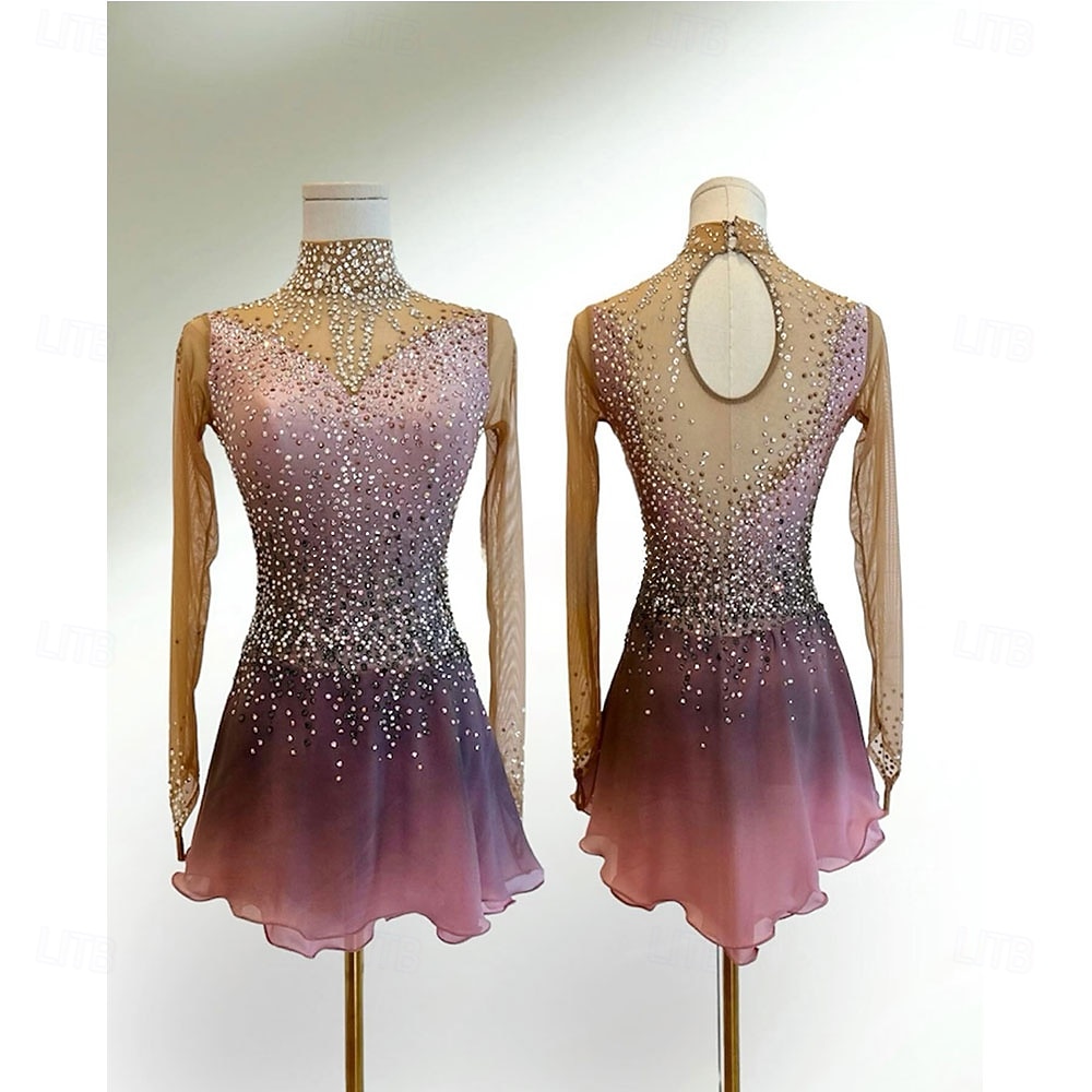 Figure Skating Dress Women's Girls' Ice Skating Dress Dusty Rose Patchwork Asymmetric Hem Mesh Spandex High Elasticity Training Competition Skating Wear Classic Crystal / Rhinestone Long Sleeve Ice 2026 - $284.99 –P1