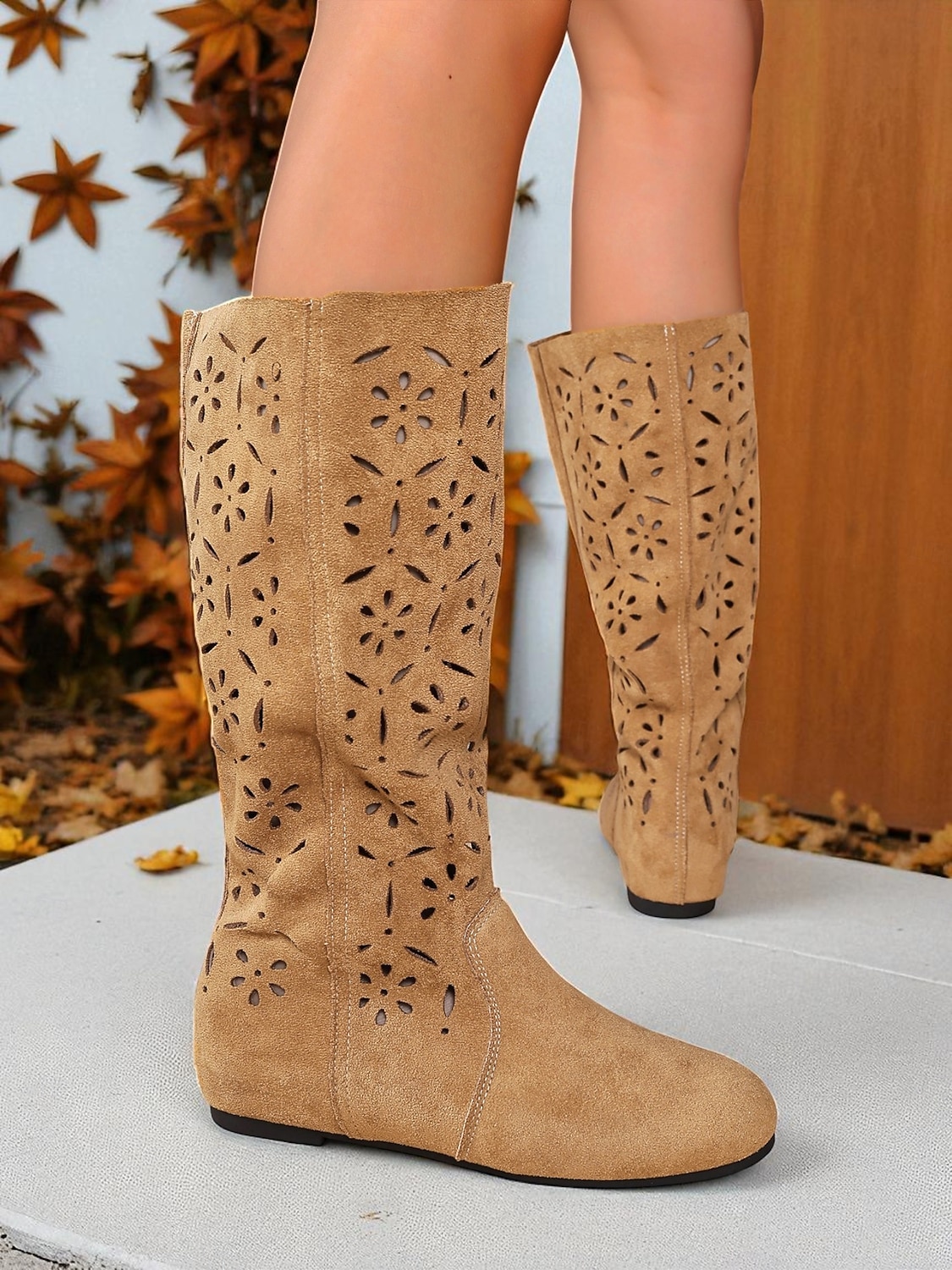 Women's Slouchy Mid-Calf Boots with Floral Cutout Design, Casual Boho Style for Autumn Street and Everyday Wear 2025 - $42.99 –P6