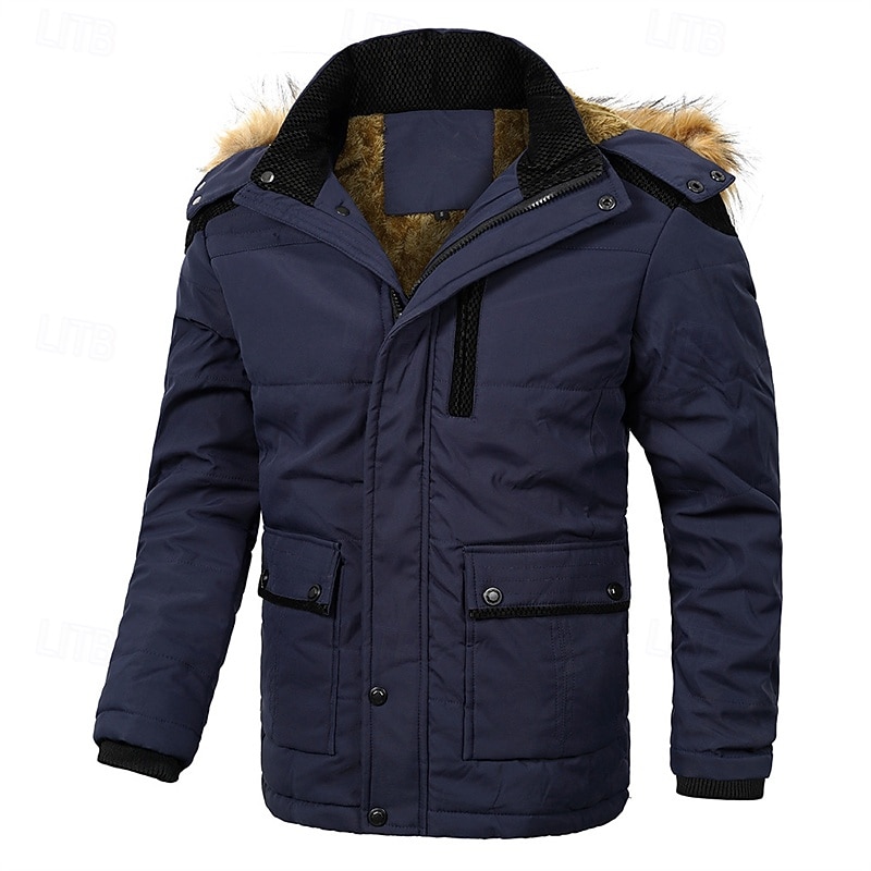 Men's Winter Coat Fleece Jacket Parka Pocket Fleece Polyster Vacation Daily Wear Date Regular Fashion Casual Comfortable Thermal Warm Fall Winter Solid / Plain Color Black Khaki Dark Blue Puffer 2025 - $66.99 –P10