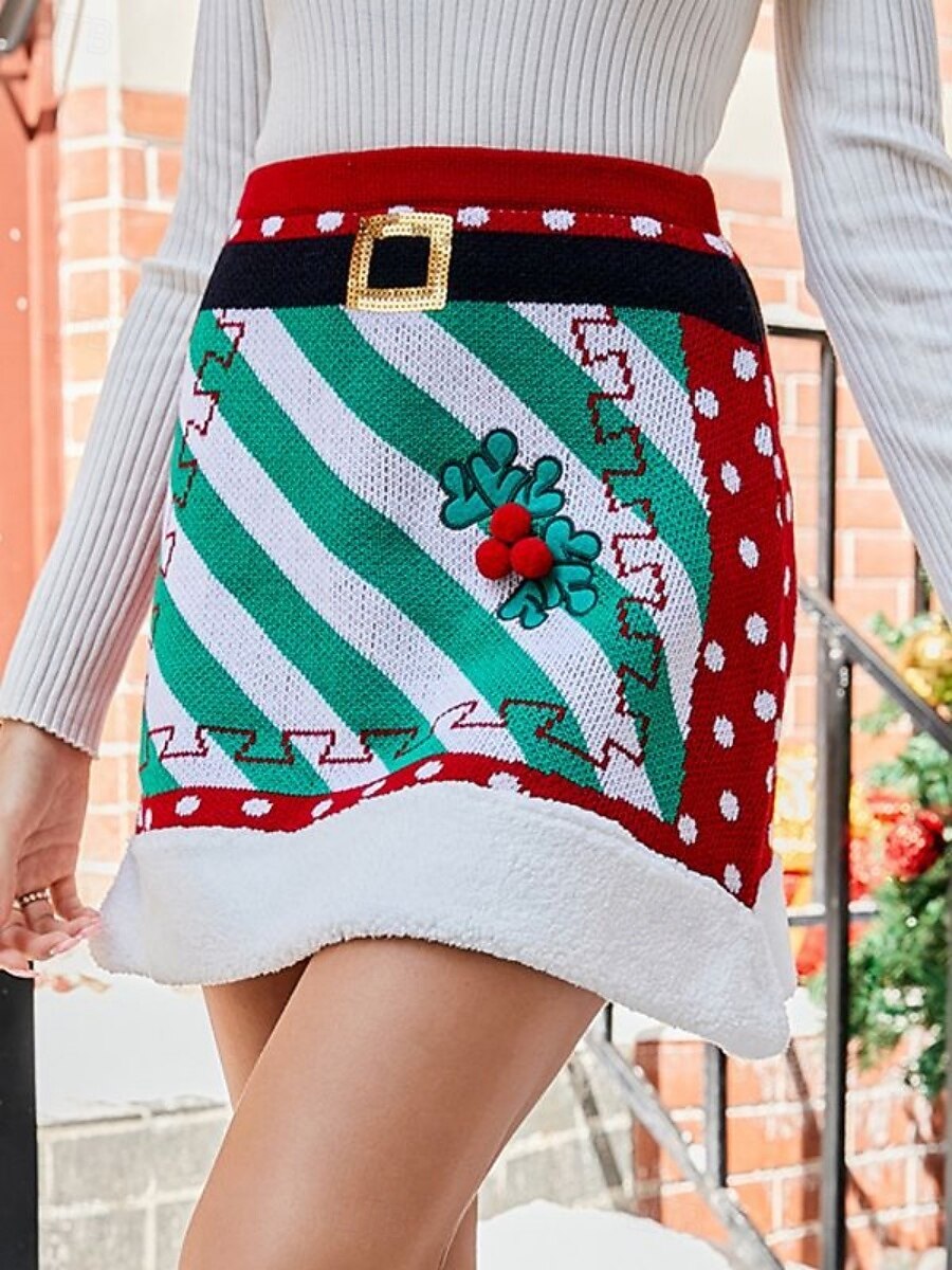 Damen Rock A-Linie Mode Lässig Mini Hohe Taille Röcke Grafik Stricken Mikroelastisch Weihnachten Straße Rote Frühling Gestrickt Polyester 2025 - $30.99 –P6