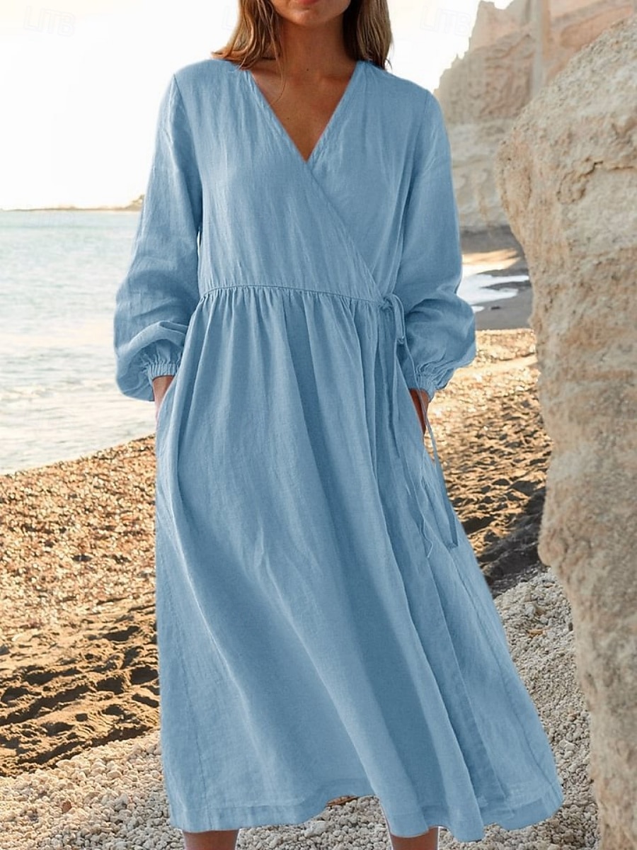 Women's Midi Dress Faux Cotton Linen A Line Dress Casual Daily Loose Fit Plain Long Sleeve V Neck Blue Black White Yellow Summer Spring Fall 2026 - $35.99 –P4