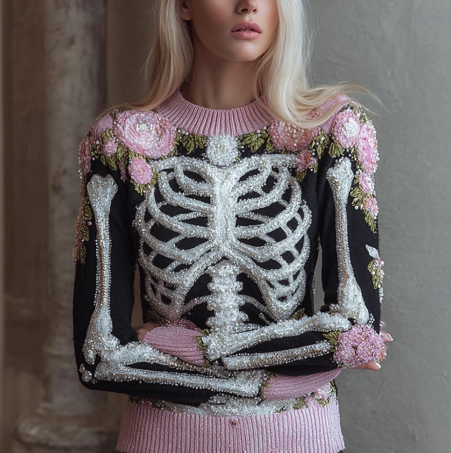 Kvinners genser skjelett søt streetwear uformell grafisk skjelett crew neck strikket langermet vanlig topper strikket hvit rosa høst vinter 2025 - $29.99 –P3