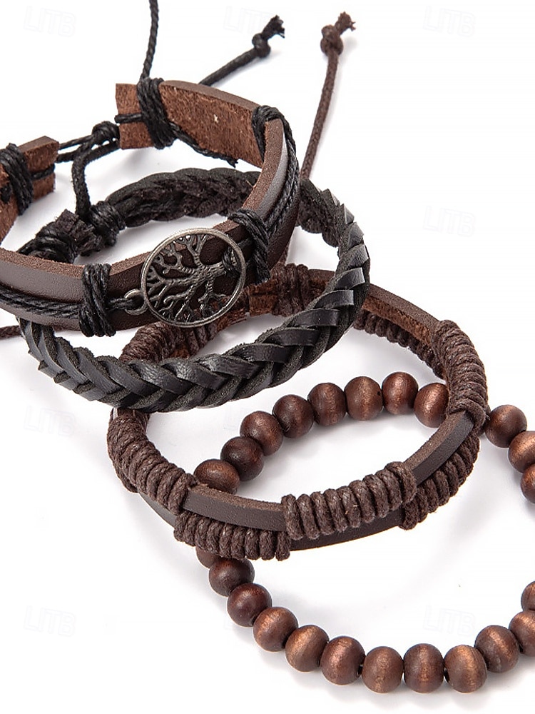 flerlags armbåndsett i ekte skinn for menn – bohemsk perlebesatt livets tre-armbånd for uformelt bruk, fest og reiser 2026 - $9.99 –P9