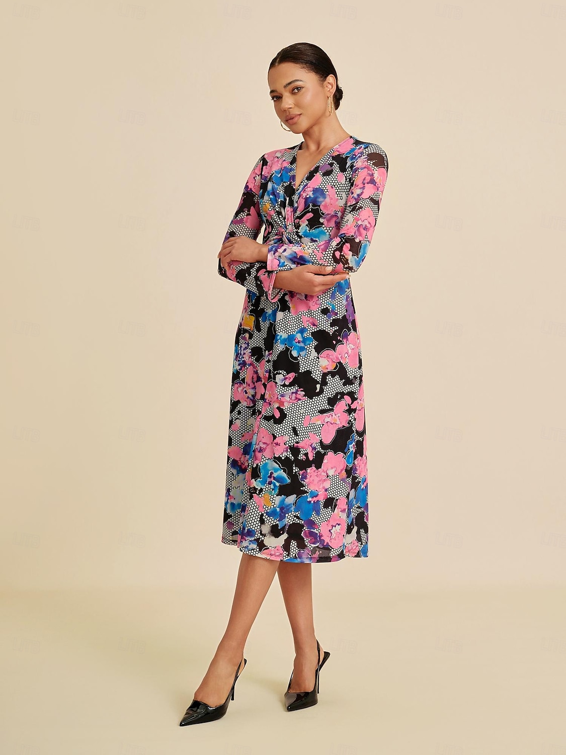 Per donna Femminile Tubino Abito Stampato Abito Midi Arcobaleno Manica Lunga Estate Primavera Scollo a V Moderno S M L del 2025 a $86.99 –P4