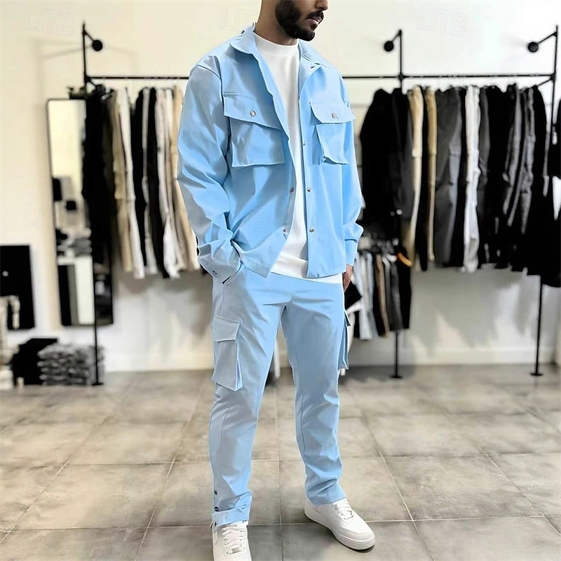 2026年 男性用 軽量ジャケット カーゴジャケット カジュアルジャケット セット バケーション 日常 保温 ポケット 2個 秋 冬 平織り ファッション クラシック ラペル レギュラー ブラック ネイビーブルー スカイブルー カーキ色 ジャケット  コレクション – $61.99 –P3