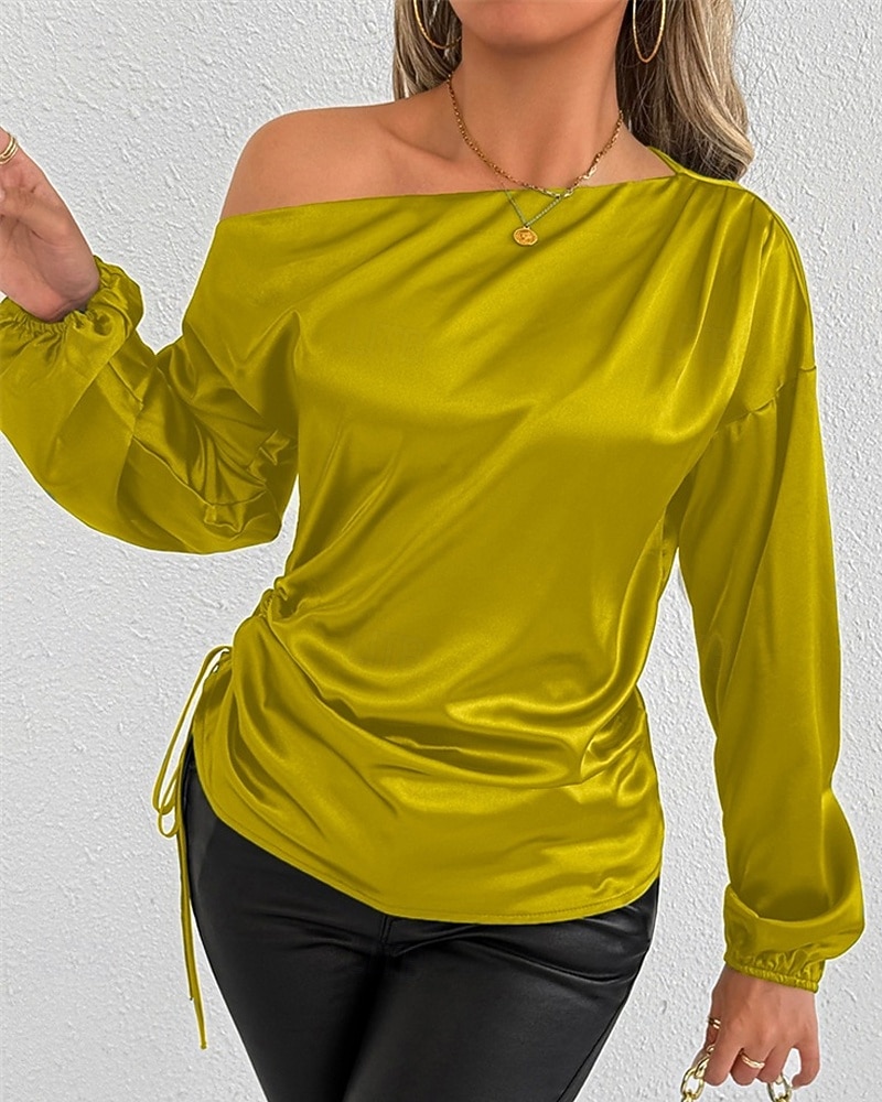Dames Overhemd Satijnen overhemd Effen Kleur Stijlvol Casual Lange mouw koude schouder Normale tops Dagelijks Uitgaan Asymmetrisch Geel Bruin Lente Herfst 2025 - $24.99 –P11