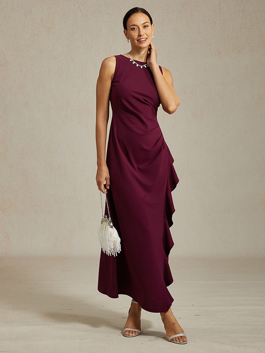 Dam Maxiklänning Sheath Dress Plisserad klänning Volangkjol Elegant party Semiformella klänningar Bröllopsgäst Kvällsfest Gradering Ensfärgat Ärmlös Rund hals Båthals Vinröd Sommar Vår Höst 2025 - $99.99 –P1