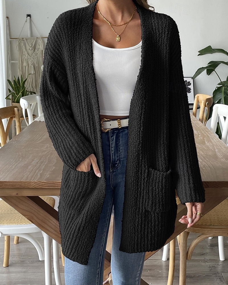 Жен. Вязаная ткань Кардиган Уличный стиль На каждый день Сплошной цвет Открытый перед Карман Трикотаж Длинный рукав Обычные топы Вязать Повседневные На выход выходные Черный Белый Осень Зима 2025 - $39.99 –P8