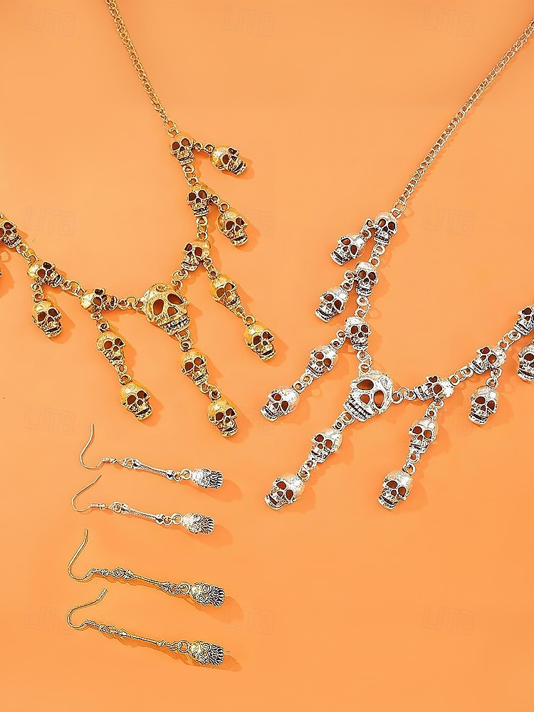Set di collana e orecchini con teschio di Halloween da donna: gioielli gotici punk con più teschi nei colori oro e argento per feste, cosplay e costumi del 2025 a $11.99 –P7