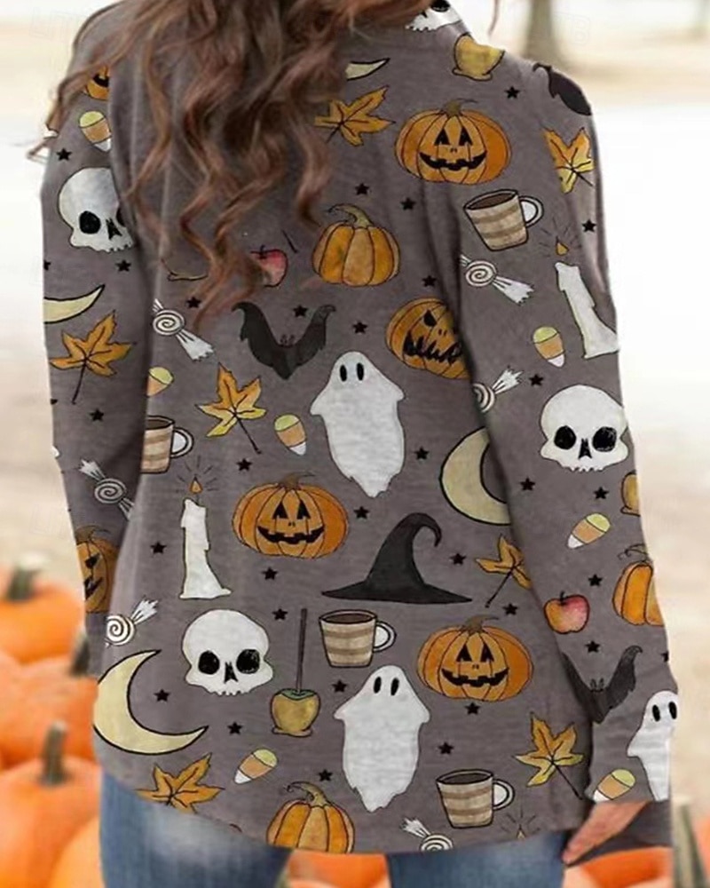 Dame Vinterfrakk Hold Varm Bekvem Trykt mønster Fritid Halloween Hodeskaller Halloween Ut på byen Helg Cardigan Normal V-hals Normal Langermet Yttertøy Oransje Lysegrå Mørkegrå Høst Vinter 2025 - $22.99 –P8