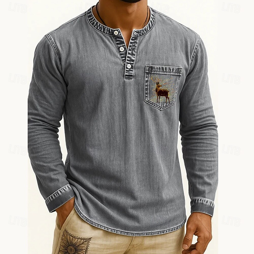 Voor heren Henley-shirt T-shirts T-shirt Shirt met lange mouwen Lange mouw Henley Herfst Winter Rendier Hert Modieus Ontwerper Mode Wijnoogst Vakantie Straat Uitgaan Donker Bruin Marine Zwart Top 2025 - $38.99 –P6