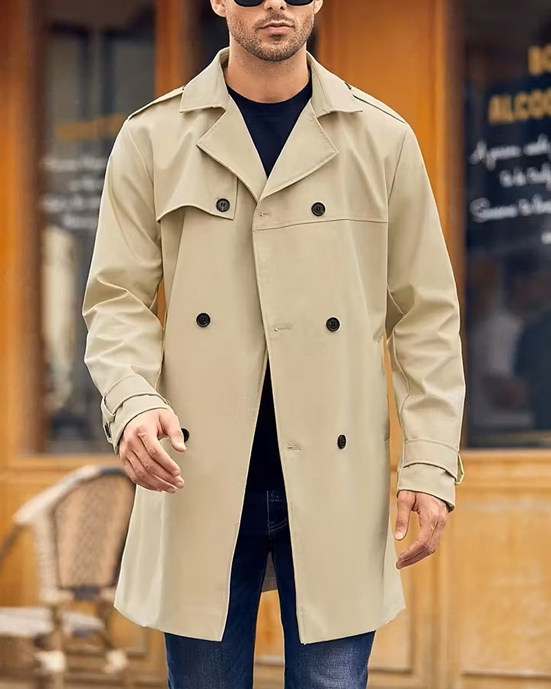 Herren Mantel Trenchcoat Langer Trenchcoat Urlaub Täglich Frühling Herbst Polyester Winddicht Oberbekleidung Bekleidung Mode Klassisch Einfach Tasche Revers Doppelreihig 2025 - $44.99 –P2