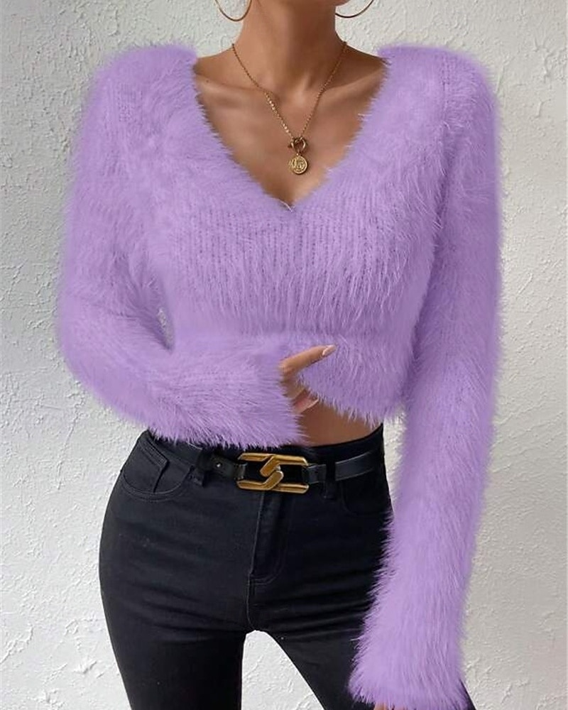 Femmes Pull Mode Occasionnel Couleur Unie Côtelé Col en V Tricoté manche longue Hauts Réguliers Tricoter Extérieur Quotidien Week-end Noir Blanche Automne Hiver de 2025 ? $27.99 –P6