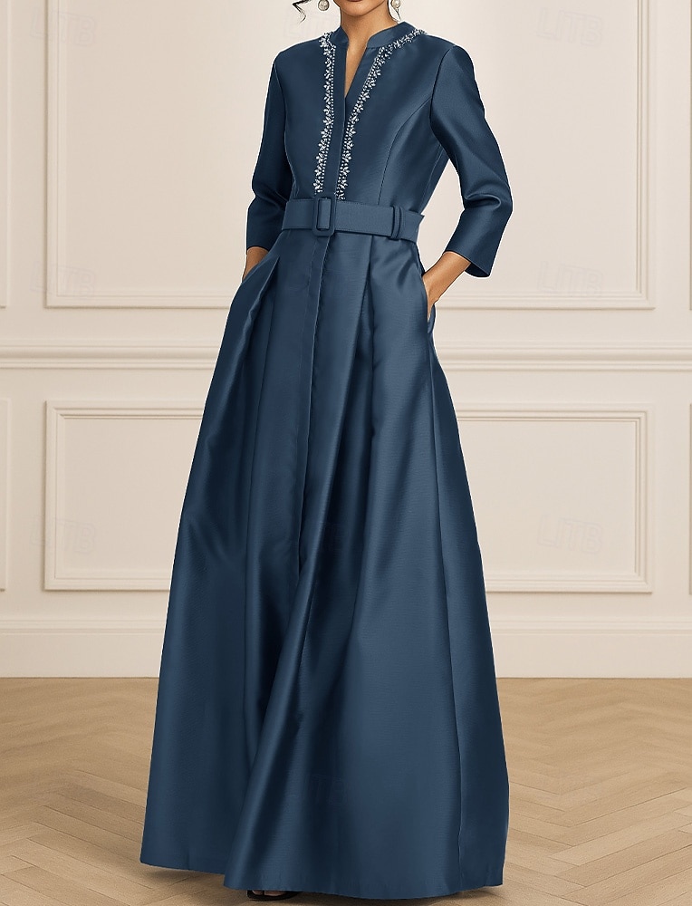 Black A-Line Evening Gown Elegant Formal Dress Formal Wedding Floor Length 3/4 Length Sleeve V Neck Stretch Satin with Crystals 2025 2025 - $164.99 –P5