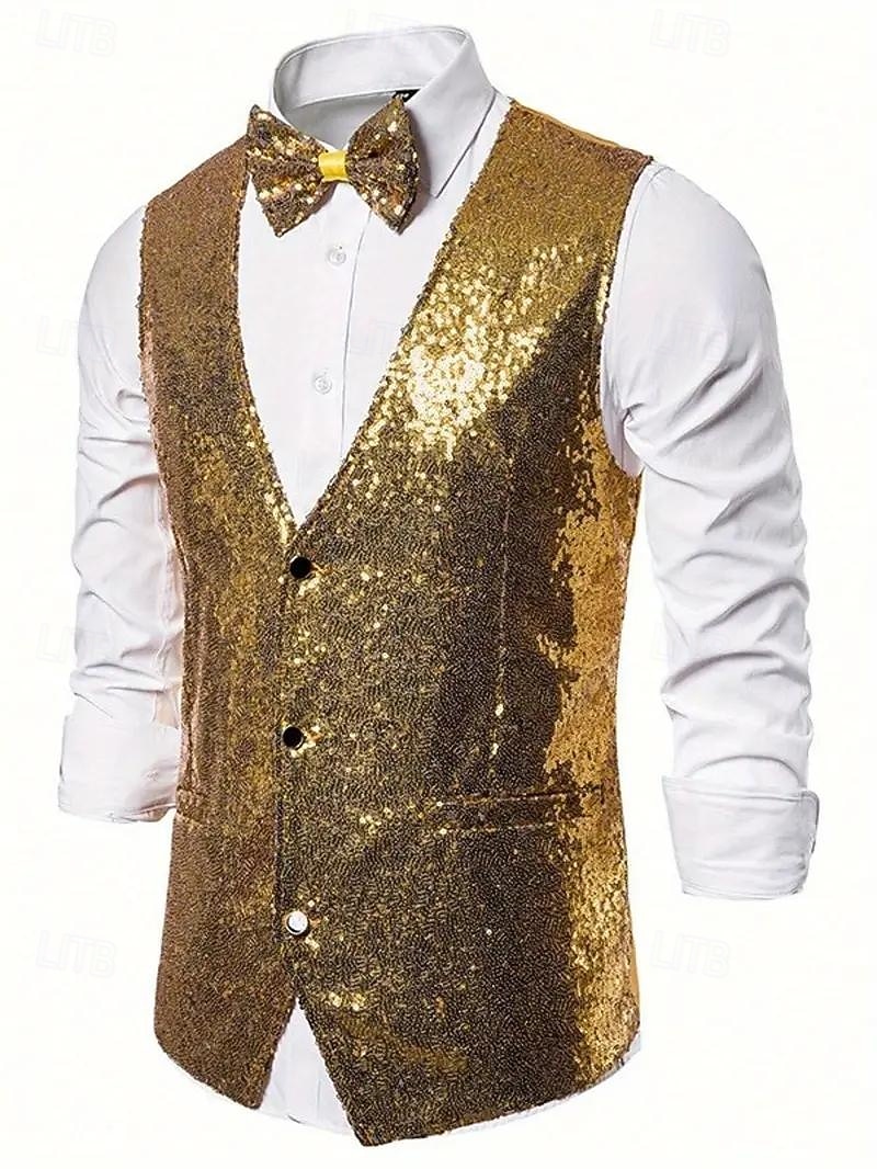 gilet da uomo con scollo a V, tinta unita, nero, argento e oro, vestibilità su misura del 2025 a $39.99 –P4