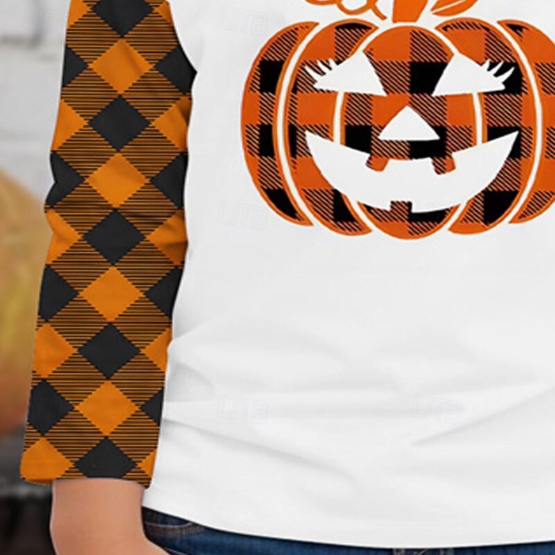 Halloween Tyttöjen 3D Kurpitsa T-paita Pitkähihainen Kevät Syksy Muoti Perus Lapset 4-12 vuotta Tiukka pyöreä kaula-aukko ulko- Kausaliteetti Päivittäin Normaali 2025 - $13.99 –P3