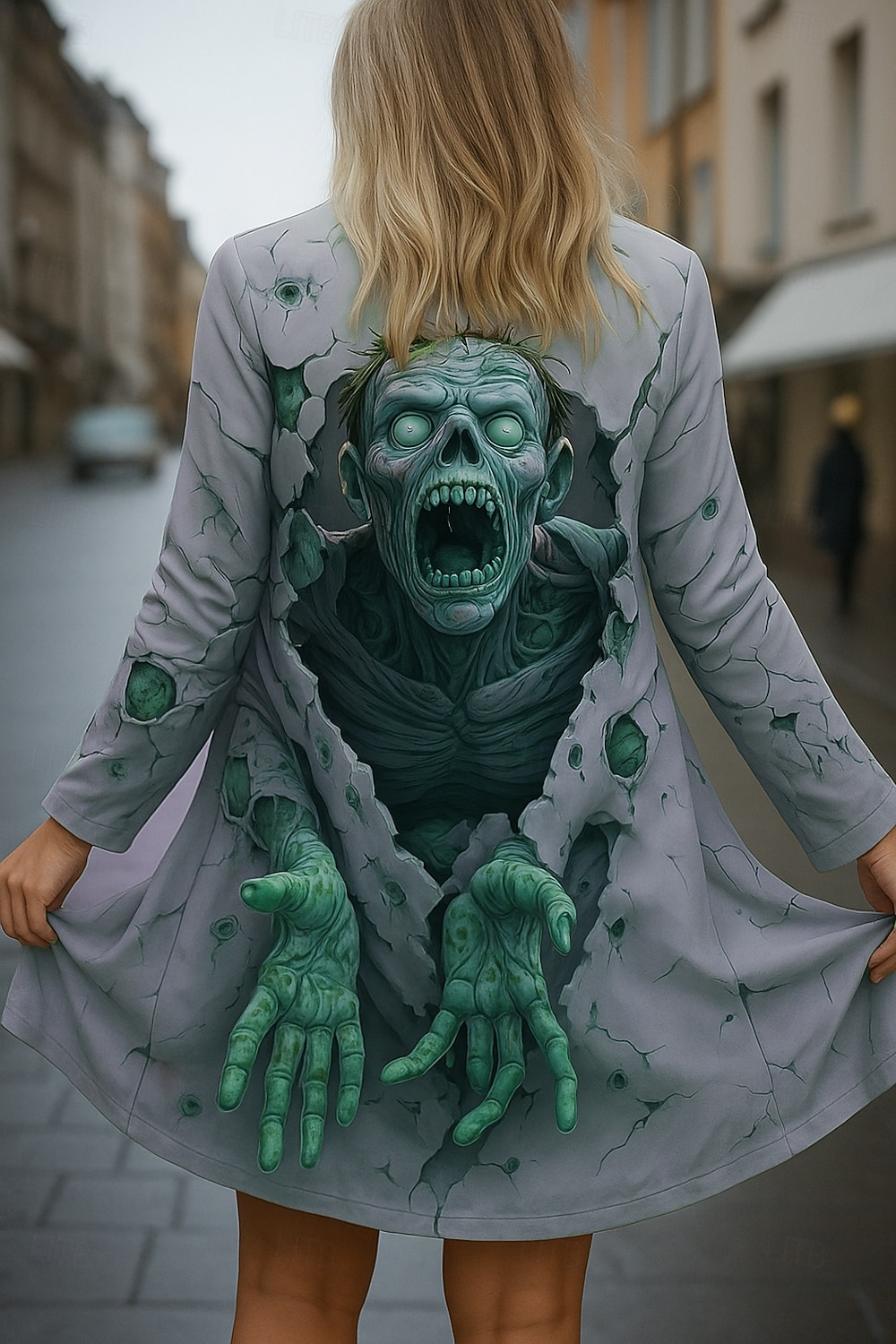 pelerine / pelerine pentru femei cu craniu de Halloween, uscare rapidă, tricotaje ușoare, active, exagerate, 3D, casual, lungi, fără guler, croială regulată, mâneci lungi, haine de exterior, verde 2025 - $23.99 –P4
