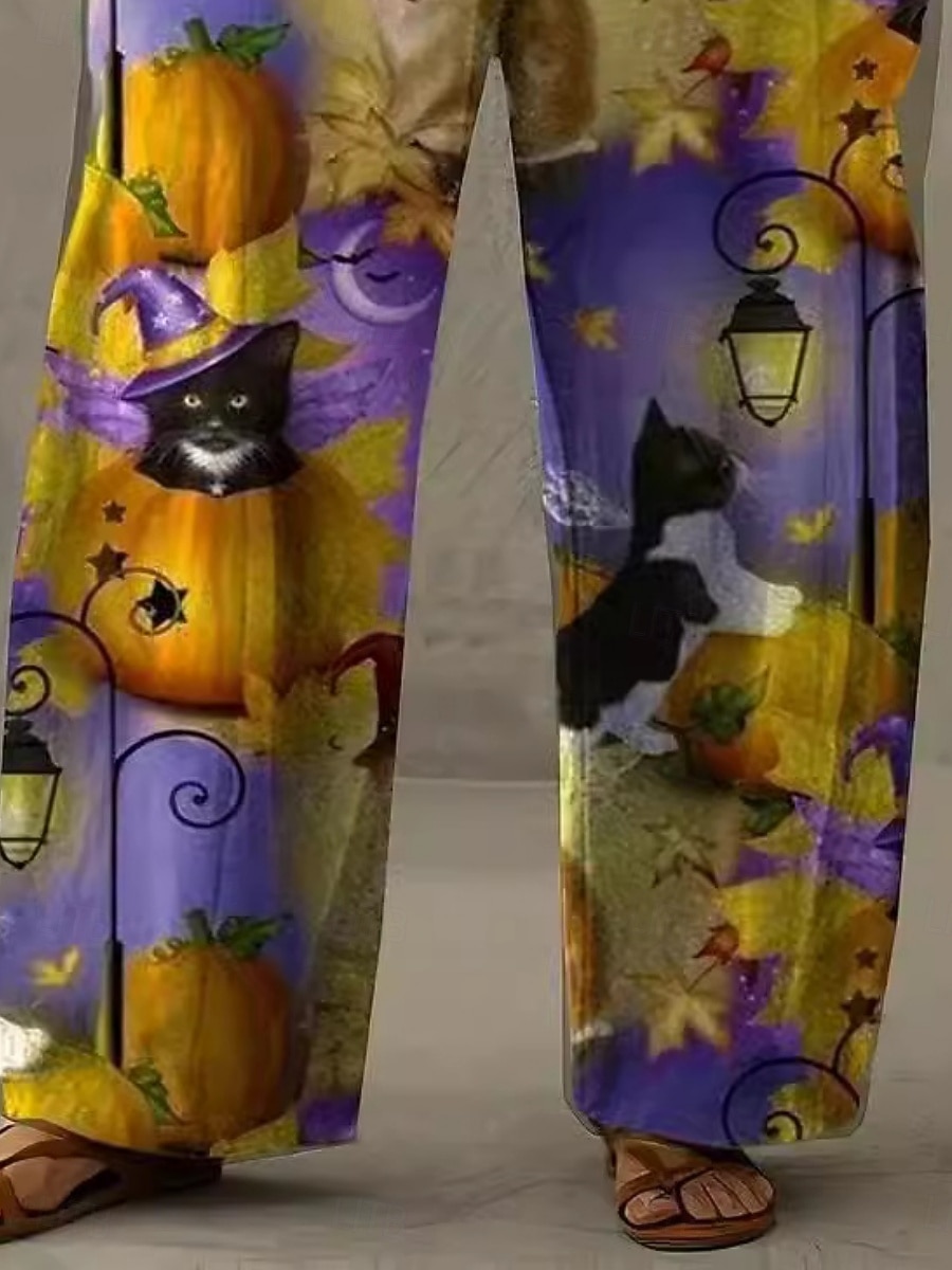 Dámské Široké nohavice Kalhoty chinos Kalhoty prázdniny Vinobraní Na běžné nošení Plná délka Vysoký pasPantsHalloween Kočka Dýně Kapsy Elastický pas Potisk Pohodlný Yumuşak Pohodlné Elastické 2025 - $24.99 –P3