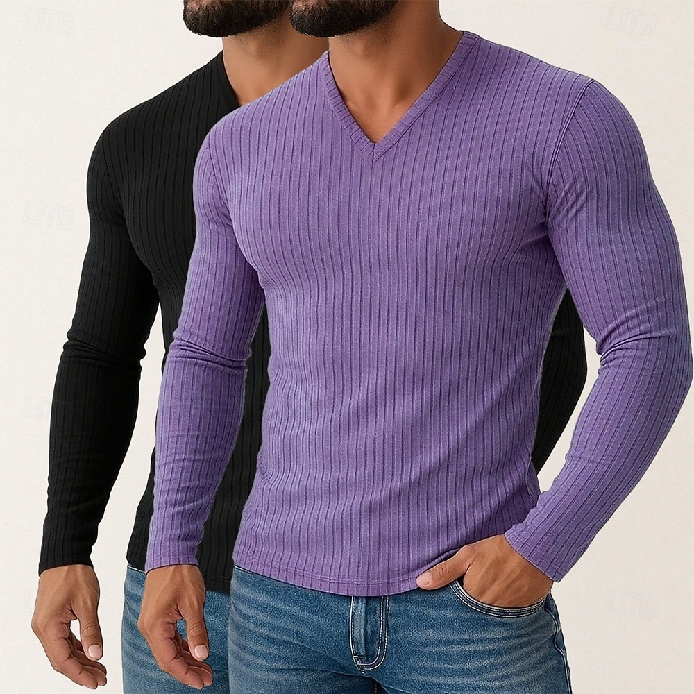 Homme T-shirt Débardeur Musclé T-shirt en tricot côtelé Chemise à Manches Longues manche longue Col en V Printemps Automne Hiver Uni Bande de Fosse Mode Designer Basique 2 pièces Tricot Pack multiple de 2026 ? $31.99 –P6