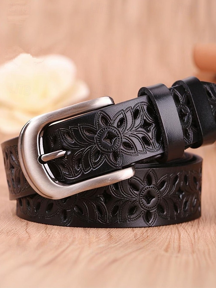 Ceinture en cuir véritable pour femme – motif floral vintage sculpté avec boucle en métal, accessoire de taille rétro pour jeans, robes et tenues décontractées de 2025 ? $14.99 –P5
