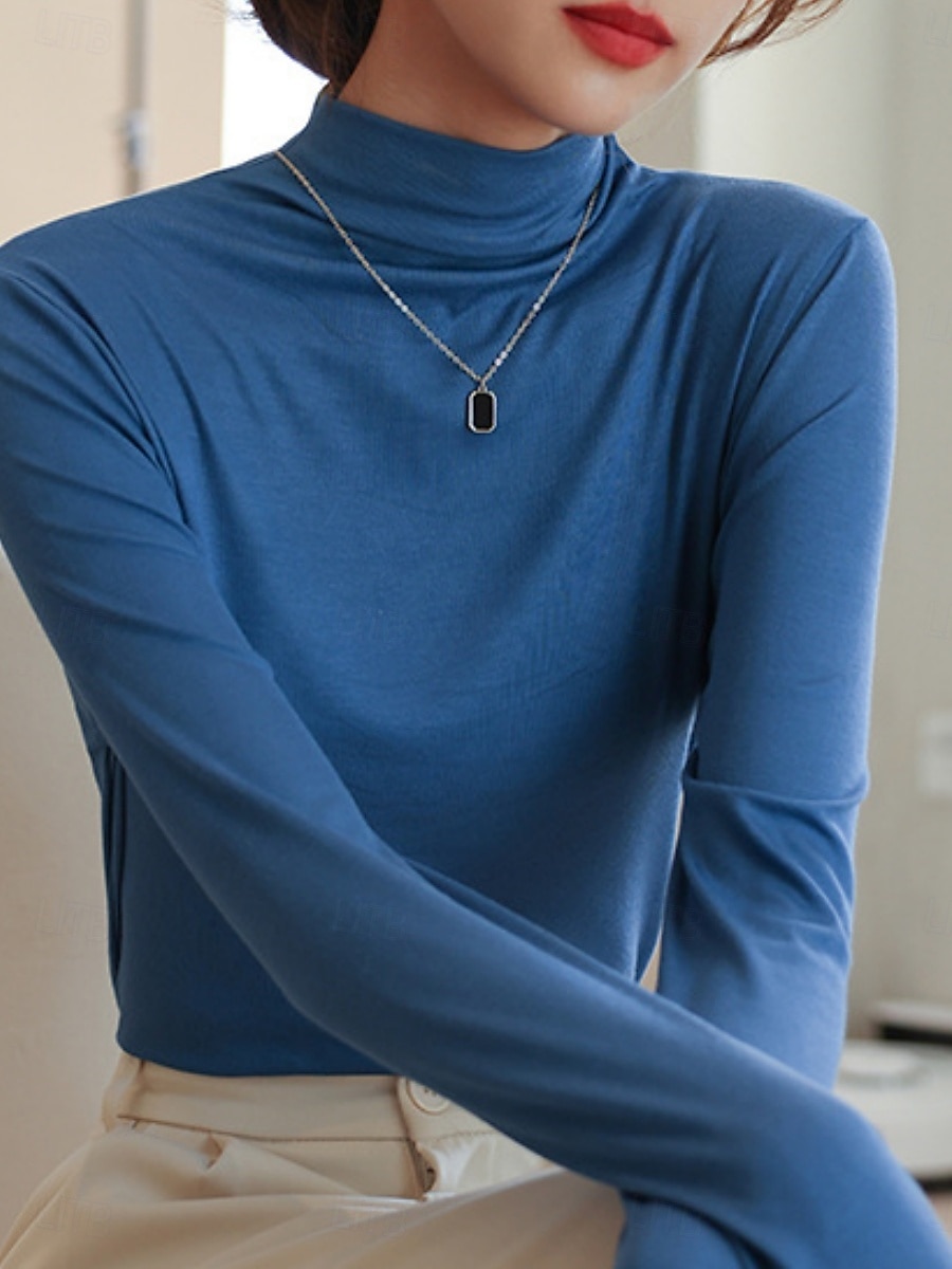 Damen Bluse Einfarbig Stilvoll Lässig Langarm Hoher Ausschnitt Normale Oberteile Täglich Blau Schwarz Weiß Braun Khaki Herbst Winter 2026 - $16.89 –P5