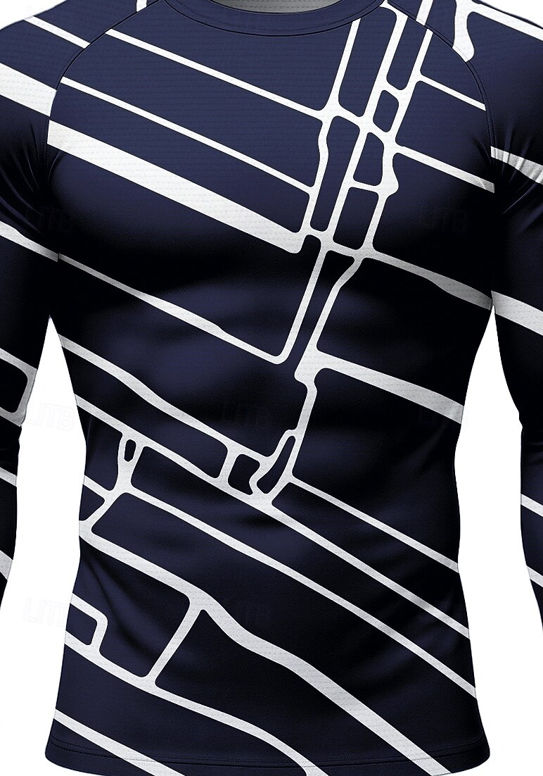 2025年 男性用 コンプレッション・シャツ ランニングＴシャツ 3Dプリント 長袖 ベース層 幾何学模様 速乾性 ビデオ圧縮 パワーフレックス 吸汗性 ジムトレーニング アクティブトレーニング サイクリング スポーツウェア アクティブウェア ブラック ネイビーブルー  コレクション – $20.99 –P3