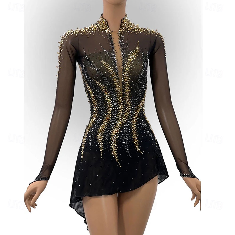 Figure Skating Dress Women's Girls' Ice Skating Dress Black Patchwork Asymmetric Hem High Elasticity Training Competition Skating Wear Classic Crystal / Rhinestone Long Sleeve Ice Skating Figure 2025 - $257.79 –P1