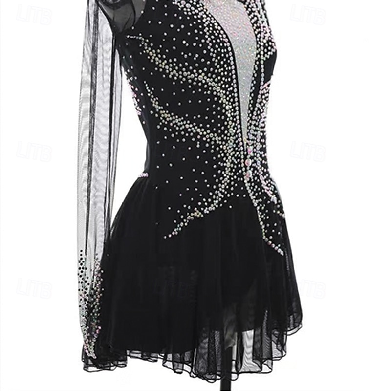 Kunstschaatsjurk Dames Voor meisjes Schaatsen Jurken Zwart Lapwerk Duimopening Netstof Spandex Rekbaar Opleiding Oefenen Professioneel Kunstschaatskleding Thermisch Warm Kristal / Bergkristal Lange 2025 - $257.69 –P6