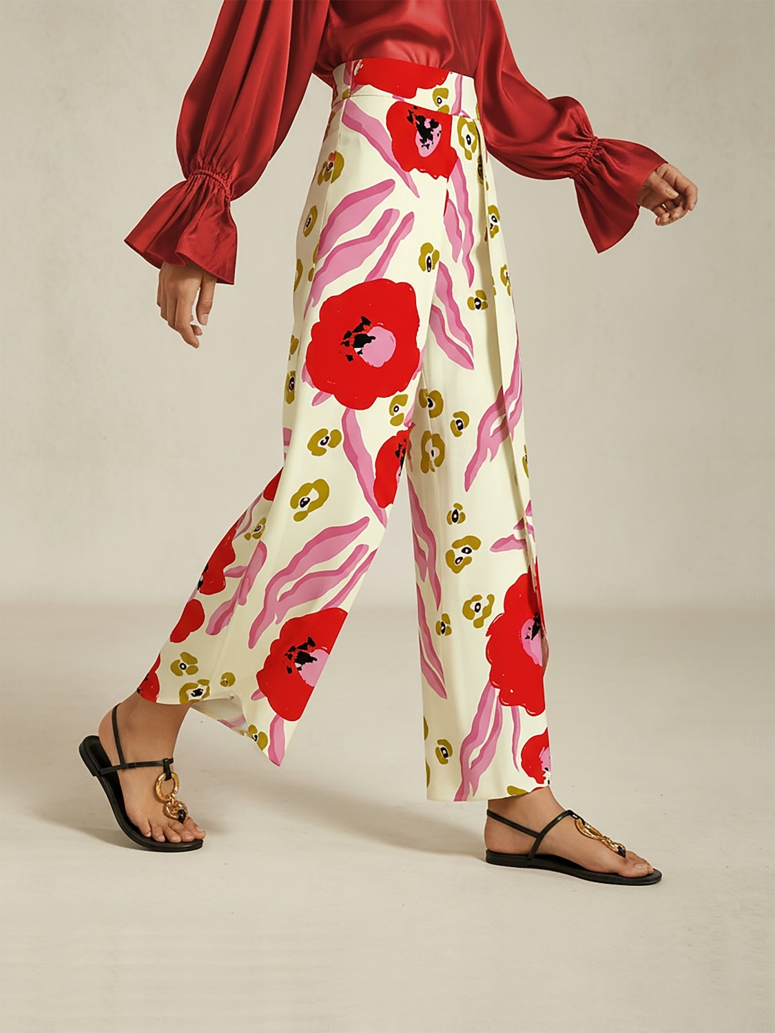 dames wijde broek satijn rood bloemenprint voorkant overlapping split lente herfst 2025 - $82.99 –P1