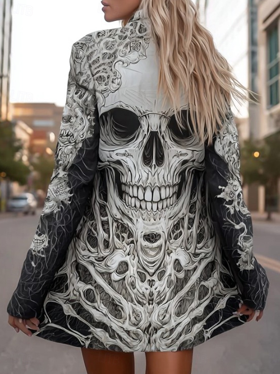 Women's Coat Lightweight Comfortable Skulls Print Vintage Artistic Casual Skull Casual Long Collarless Regular Fit Long Sleeve Outerwear Black White Brown Spring Fall 2026 - $28.99 –P1