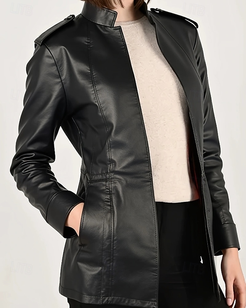 Damen Kunstlederjacke Warm Bequem Reißverschluss Tasche Lässig Einfach Urlaub Ausgehen Wochenende Regulär Stehkragen Normale Passform Langarm Oberbekleidung Schwarz Herbst Winter 2025 - $53.09 –P2