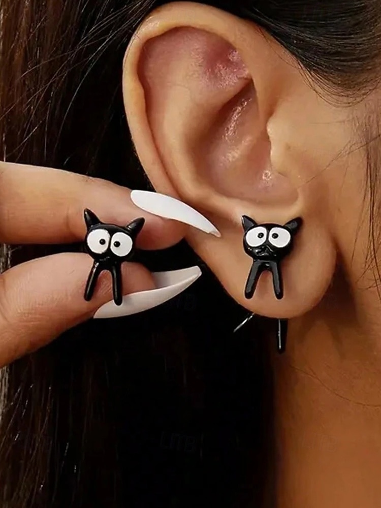 Damehalloween-øredobber med svart katt – søte øredobber og tegneseriedesign, skumle og morsomme smykker til kostymefest og hverdagsbruk 2025 - $7.99 –P2