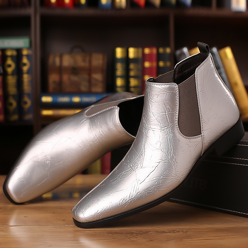 Botas Chelsea masculinas com relevo dourado – botas de cano curto de couro sintético com acabamento brilhante, sapatos formais elegantes para casamentos, festas e apresentações no palco de 2025 por $42.99 –P5