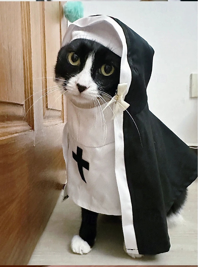 1dílný vtipný kostým jeptišky pro kočky a malé psy | černý hábit s bílým límcem a křížkem, nastavitelný | ideální na Halloween, večírky a focení, střední/velká/malá velikost 2025 - $15.49 –P4