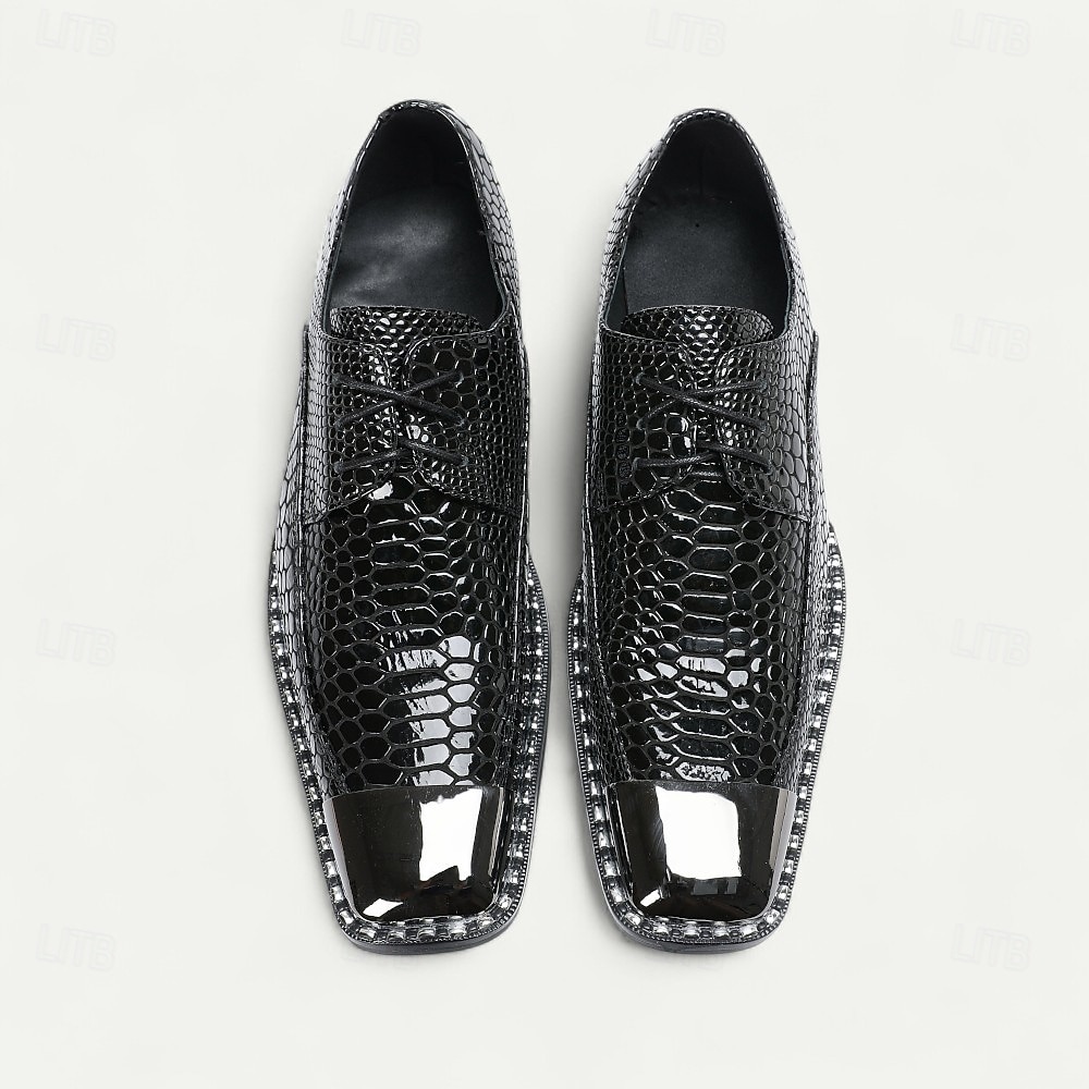 Sapatos sociais masculinos de couro legítimo bordô com estampa de cobra e cadarço e biqueira de metal – sapatos da moda para banquetes e coquetéis de 2026 por $129.99 –P12