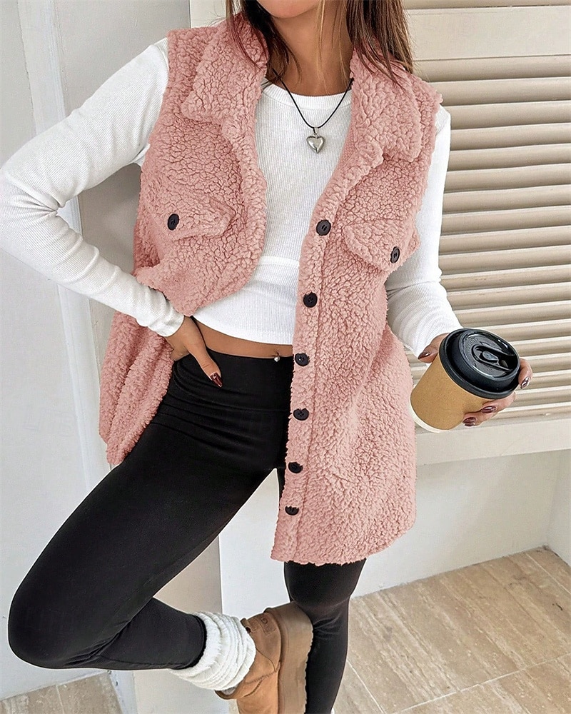 Femmes Veste en Polaire Veste Décontractée Chaud Confortable Avec Poches Boutons Mode Extérieur Uni Sortir Week-end Simple Boutonnage Régulier Revers Coupe régulière manche longue Vêtements de 2025 ? $23.99 –P8