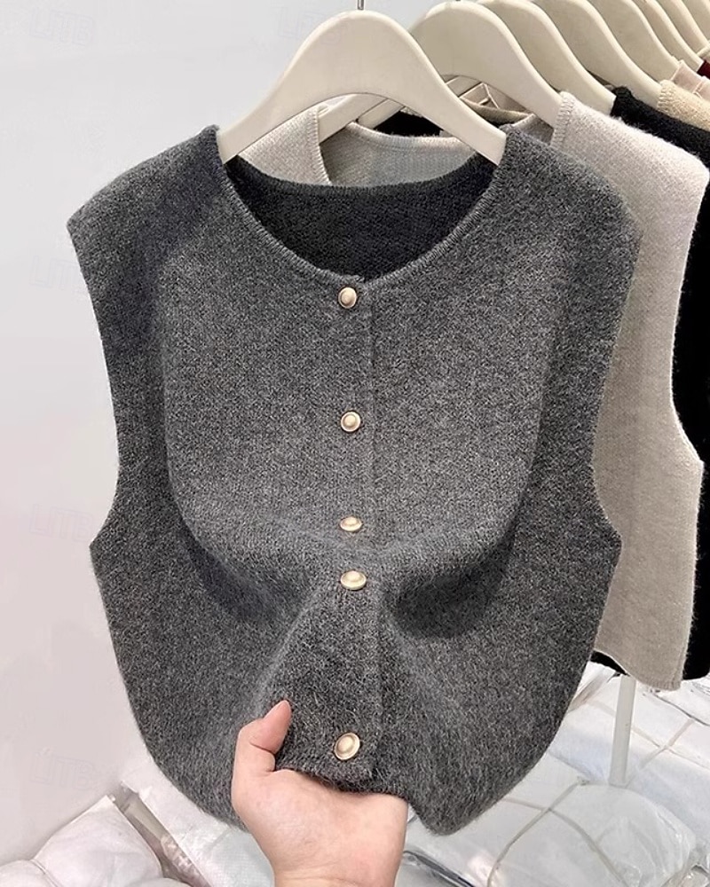 Pentru femei Pulover Vestă pulover Șic Stradă Casual Culoare solidă Stil Nautic Nasturi Tricotat Fără manșon Topuri obișnuite Tricotat Zilnic Concediu Sfârșit de săptămână Negru Caisă Toamnă Iarnă 2026 - $27.99 –P4