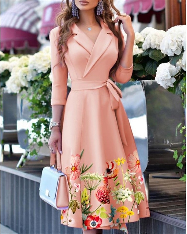 Mujer Vestido Midi Vestido de una línea Casual Diario Festivos Ajuste regular Floral Manga 3/4 Escote en Pico Rosa Azul Piscina Verano Primavera Otoño 2025 - $34.99 –P3