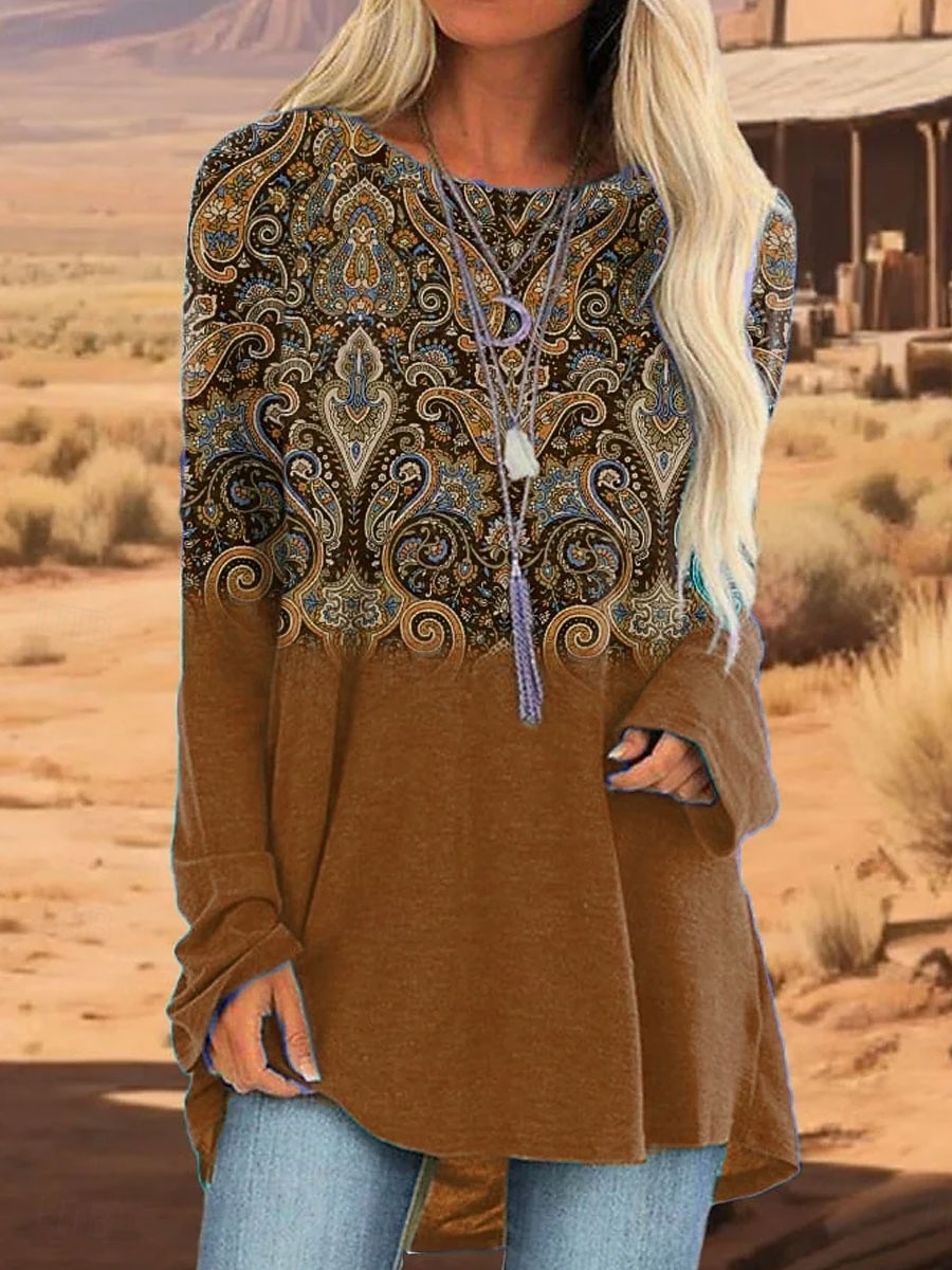 Femmes T-shirt Graphique Tribal ancien Élégant Occasionnel manche longue Col ras du cou Hauts Longs Quotidien Sortir Week-end Imprimé Bleu Violet Vert Kaki Printemps Automne de 2025 ? $24.99 –P2