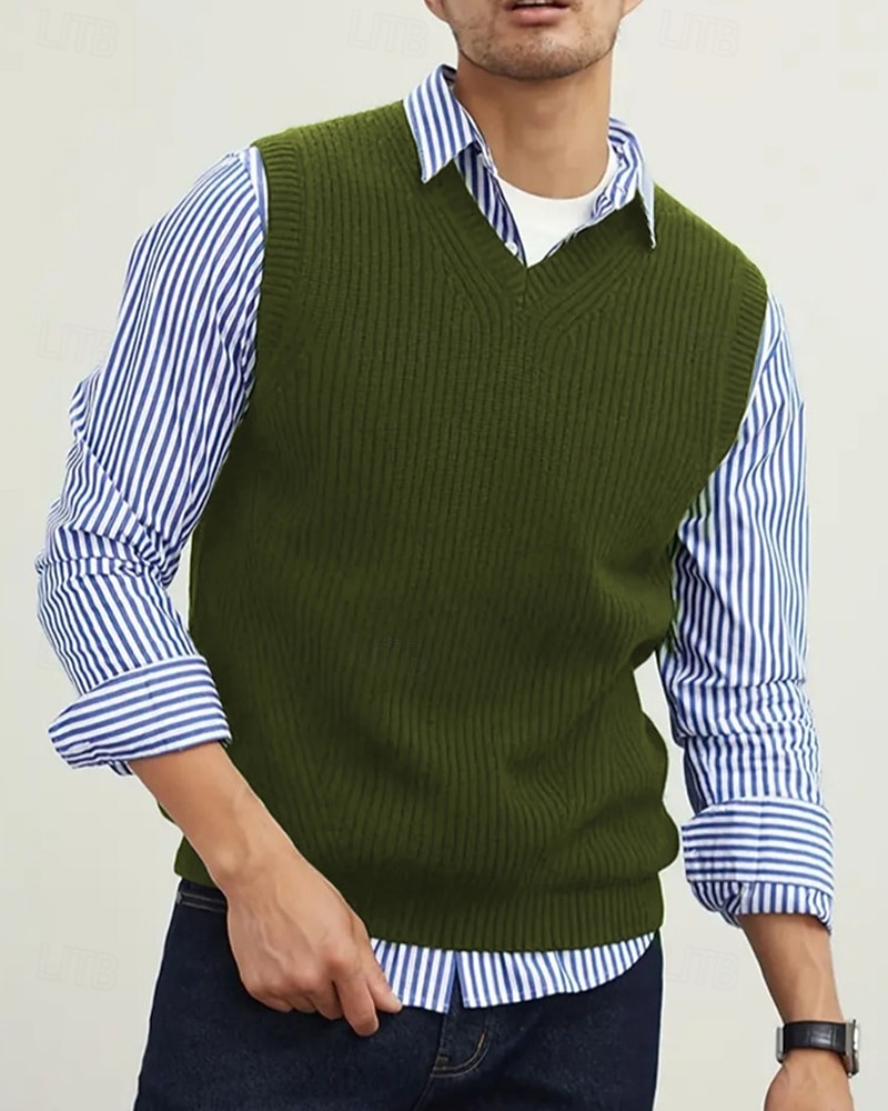 Men's Sweater Vest Dress Sweater Pullover Sweater Jumper Vest Knit Sweater Ribbed Knit Regular Tops Knitted Plain V Neck Fashion Casual Vacation Daily Wear Clothing Apparel Fall Winter Black Green S 2025 - $22.99 –P7