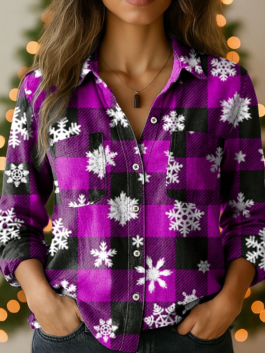 Natale Per donna Camicia Grafico Plaid Fiocco di neve Elegante Vintage Tropicale Manica Lunga Colletto a Camicia Top Regolari Quotidiano Ferie Tasca Bottoni Stampato Rosa Rosso Blu Verde Primavera del 2025 a $29.99 –P2