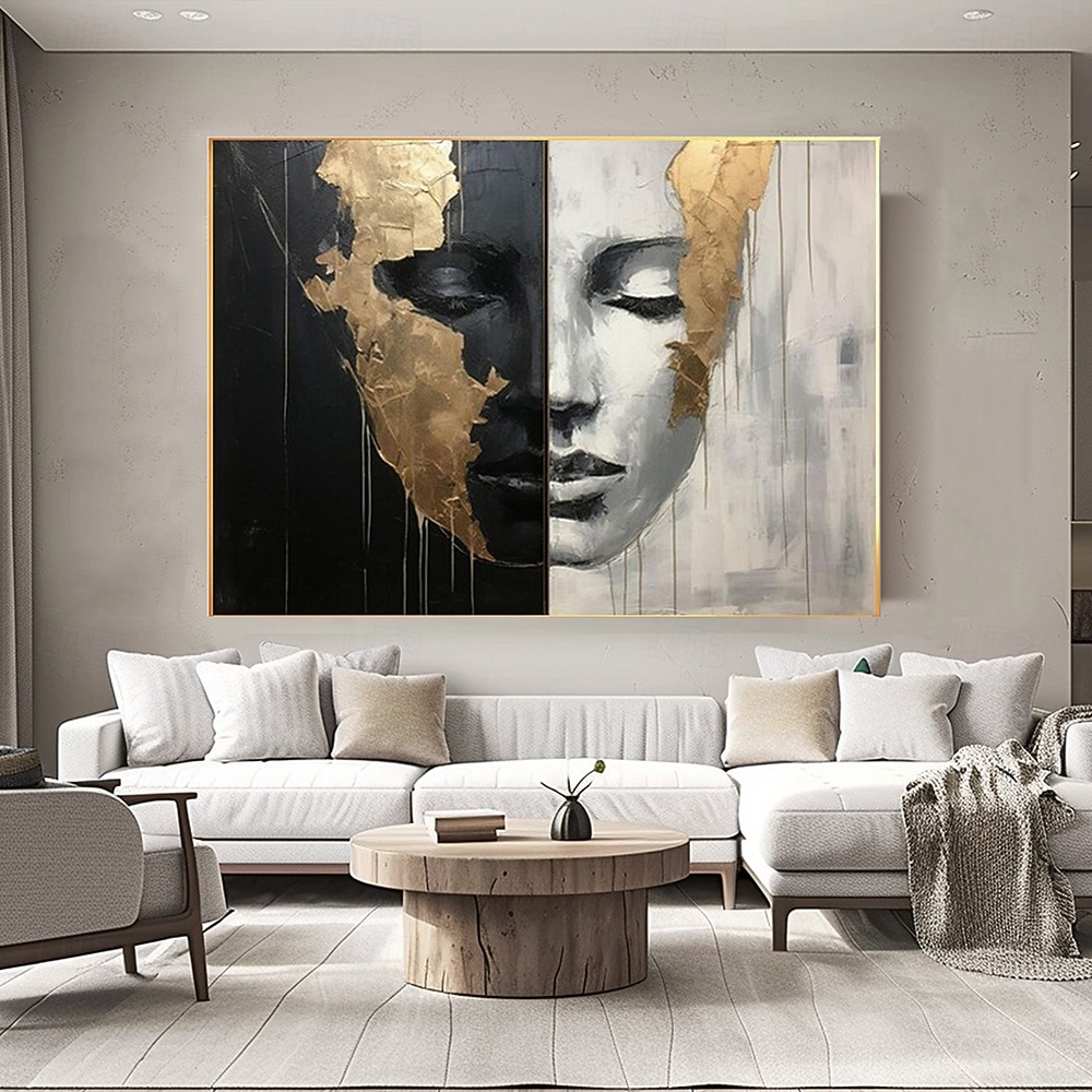 Peintures abstraites de visages de filles peintes à la main sur toile, peinture noire et blanche, œuvres d'art figuratives dorées, peinture murale minimaliste pour la décoration intérieure, cadre de 2025 ? $131.99 –P2