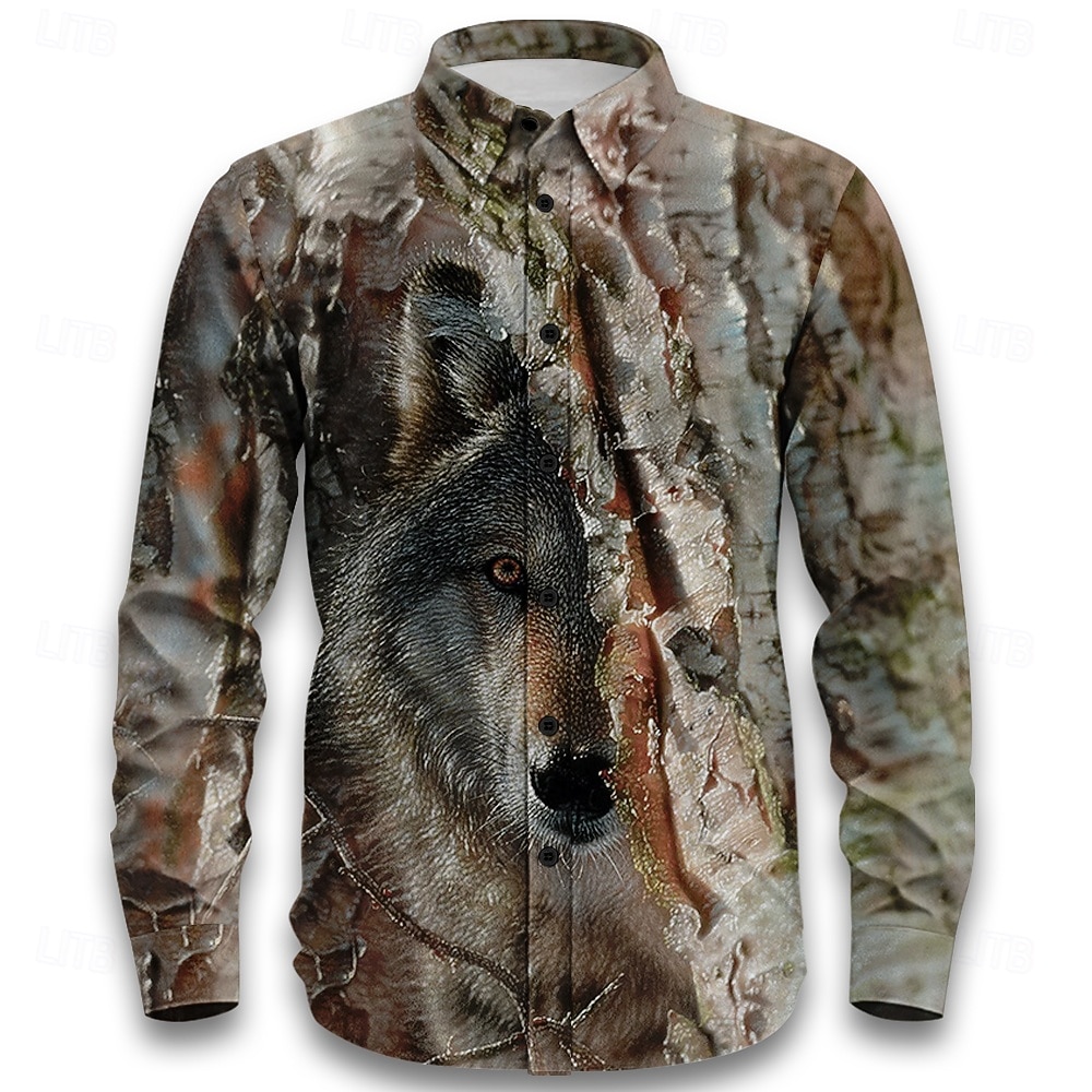 Herren Wolf Rentier Tarnung Hemd Knopfhemd Langarm Ethnisch Vintage-Retro Outdoor Campen und Wandern Jagd Frühling Herbst Umlegekragen 3D-Druck Leinenähnliches Hemd Tarnung Tarngrau 2025 - $23.99 –P2
