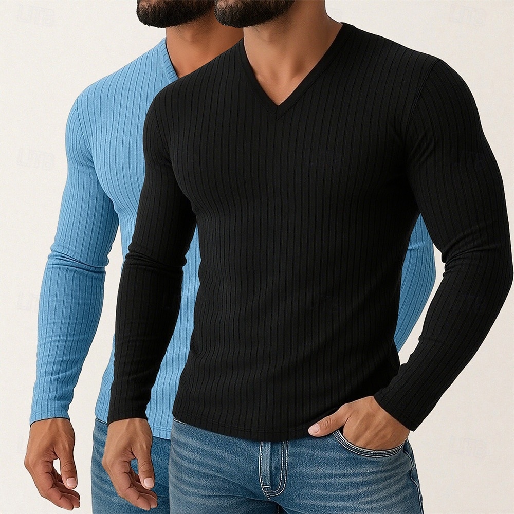 Homme T-shirt Débardeur Musclé T-shirt en tricot côtelé Chemise à Manches Longues manche longue Col en V Printemps Automne Hiver Uni Bande de Fosse Mode Designer Basique 2 pièces Tricot Pack multiple de 2026 ? $31.99 –P10