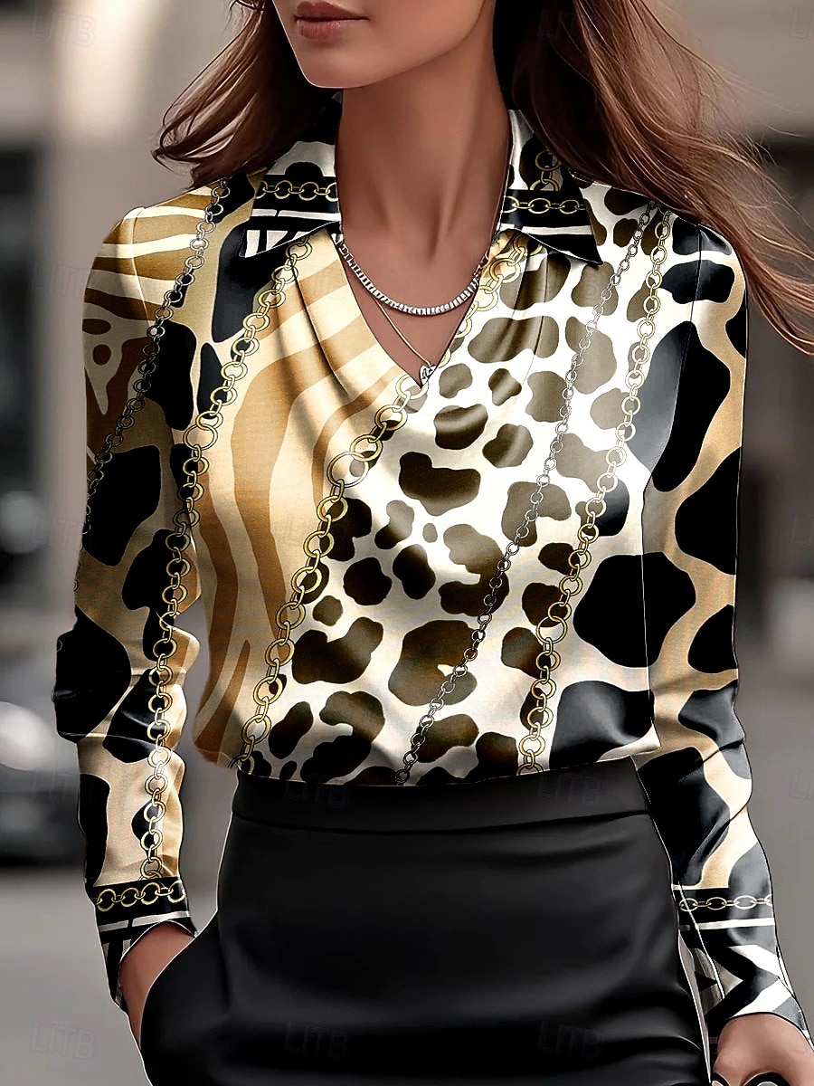 Жен. Рубашка Рюши Драпировка Графика Леопард Геометрический принт Элегантный стиль Стиль На каждый день Длинный рукав Вырез-хомут V-образный вырез Обычные топы Повседневные Офис Вечерние наряды 2026 - $32.99 –P1