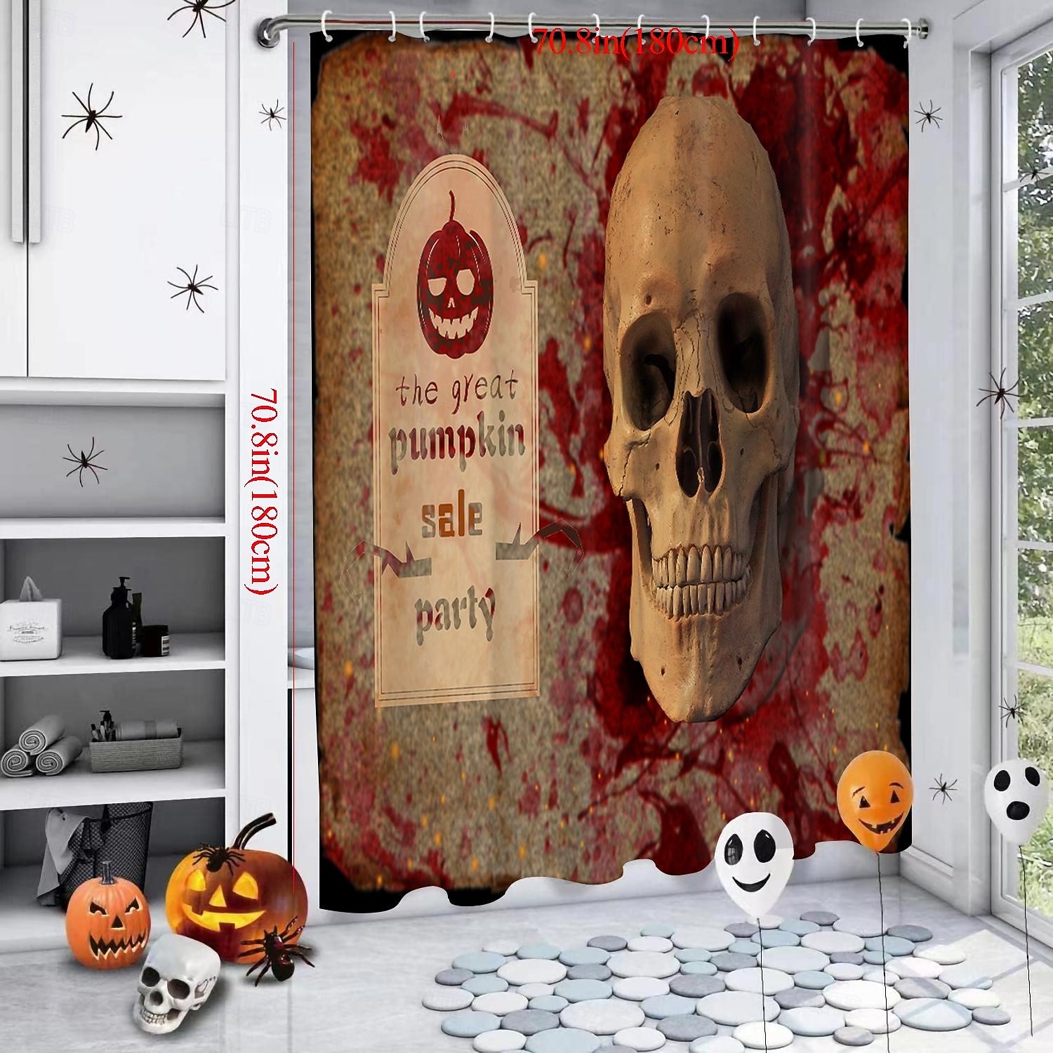 Rideaux de douche d'Halloween, motif crâne effrayant, squelette, fantôme, citrouille, tissu polyester imperméable, décoration de salle de bain avec 12 crochets, décoration de maison hantée effrayante pour les vacances de 2025 ? $18.49 –P6