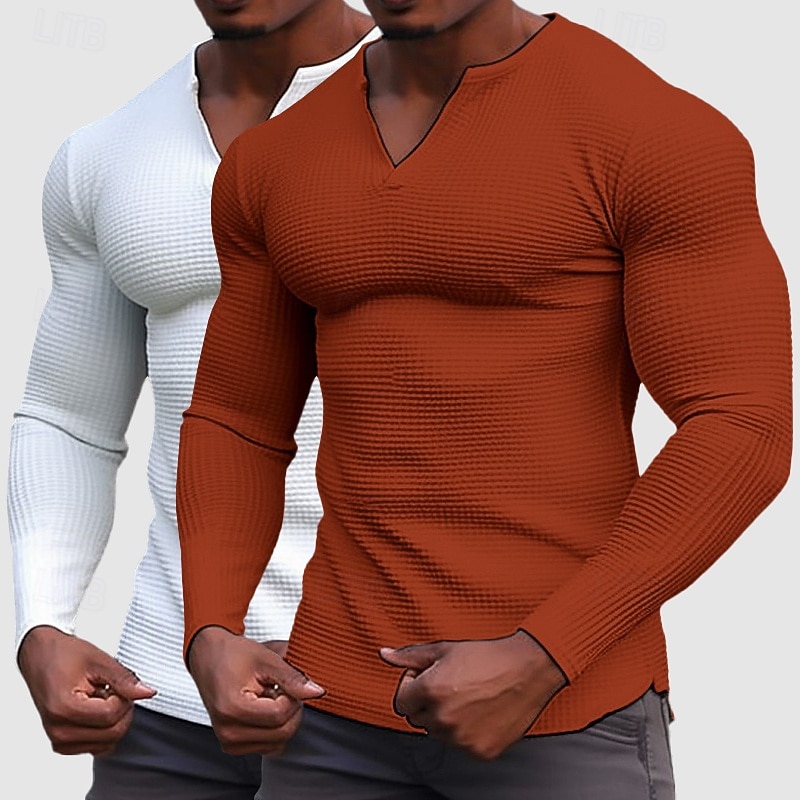 Homens Camisa Waffle Camiseta T-shirt Camisa de manga longa Manga Longa Decote V Henley Primavera & Outono Todas as Estações Tecido Moda Designer Básico 2 Peças Multi-pack Férias Rua Casual C D E Top de 2026 por $32.99 –P4