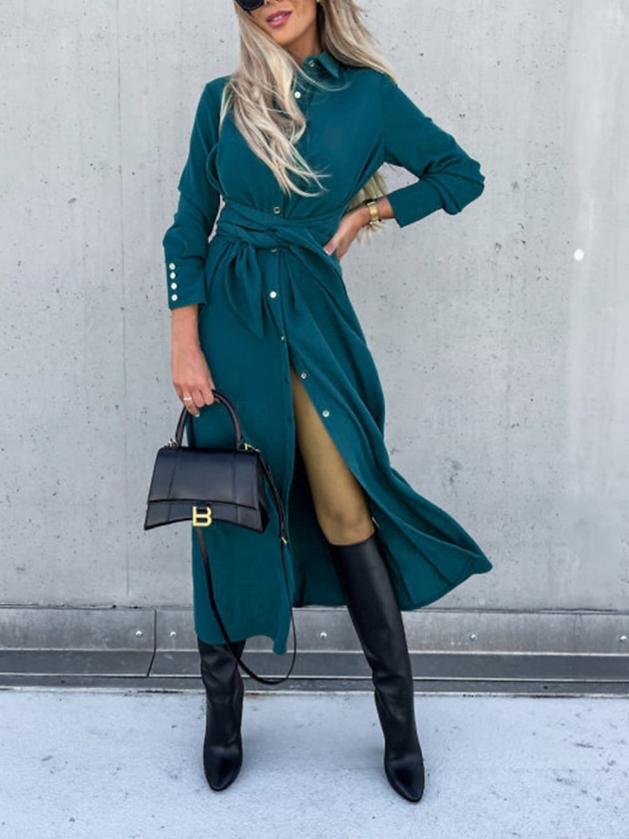 Femmes Robe Midi Robe trapèze Occasionnel Quotidien Coupe régulière Uni manche longue Revers Noir Rouge Vert Abricot Printemps Automne Hiver de 2025 ? $31.99 –P9