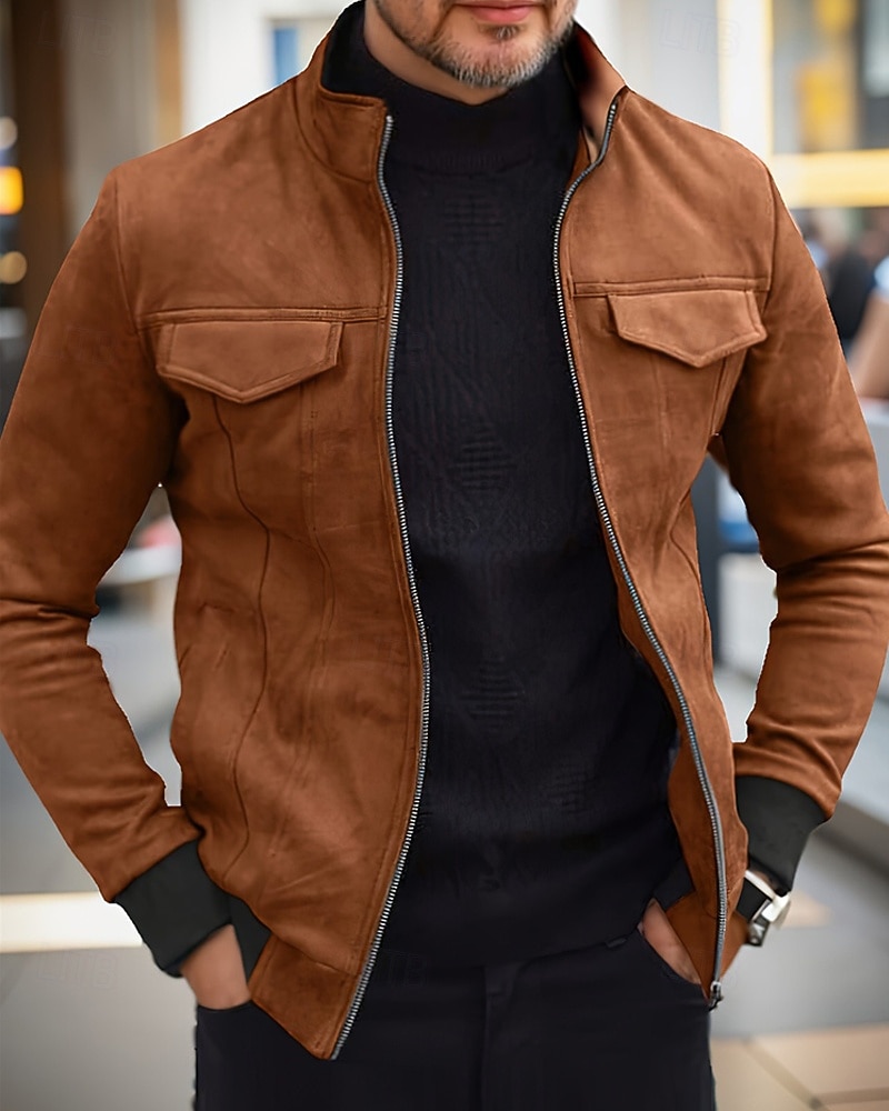 Homme Veste en faux suède Veste Décontractée Vacances Quotidien Chaud Avec Poches Automne Hiver Uni Mode Classique Col montant Régulier Noir Vert Café Veste de 2025 ? $51.99 –P1