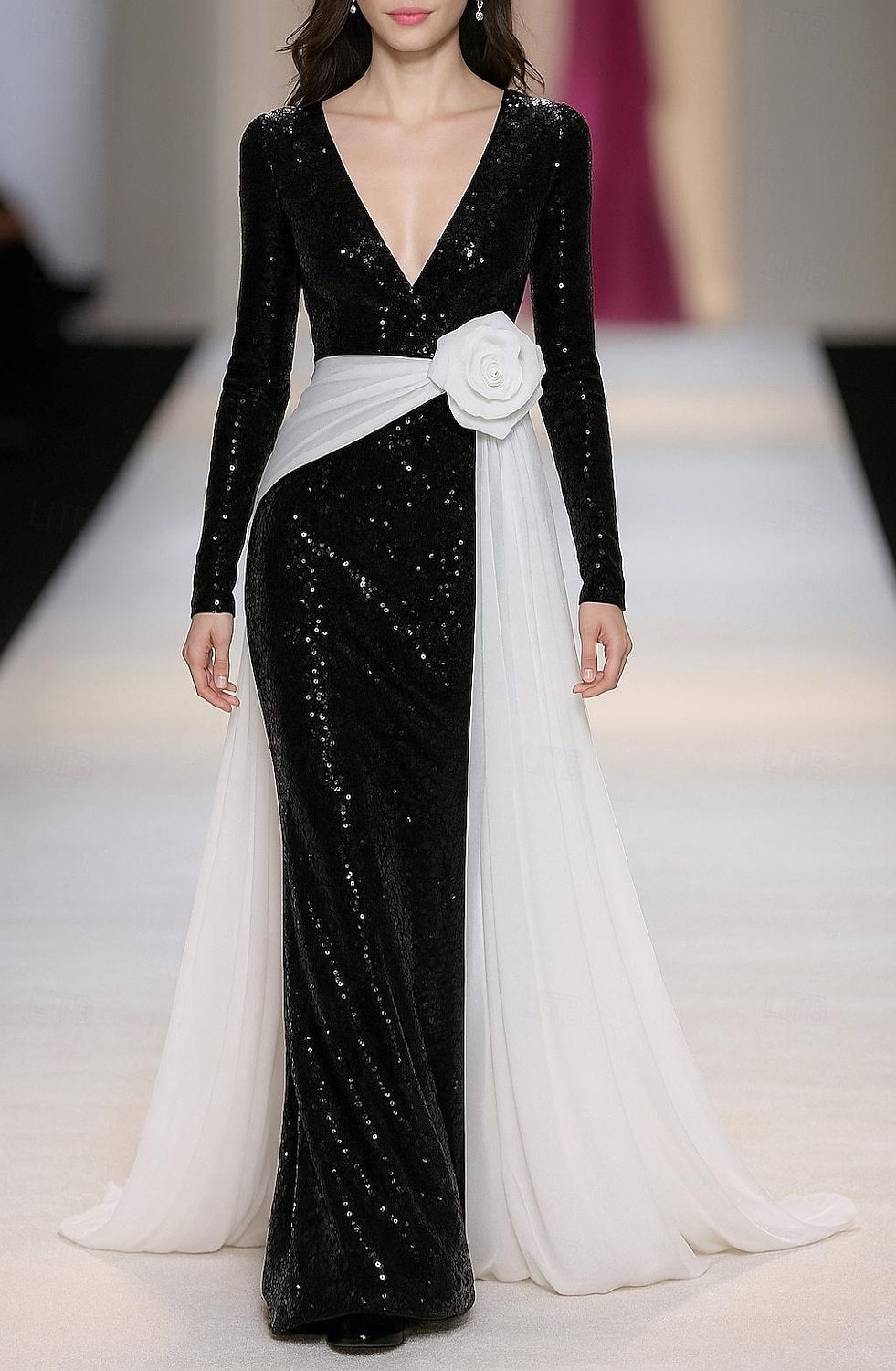 schwarz-weißes Etui-/Säulen-Abendkleid mit Pailletten, elegantes Abendkleid, formelle Hochzeit, bodenlang, lange Ärmel, V-Ausschnitt, Chiffon mit Glitzer 2025 2025 - $149.99 –P1